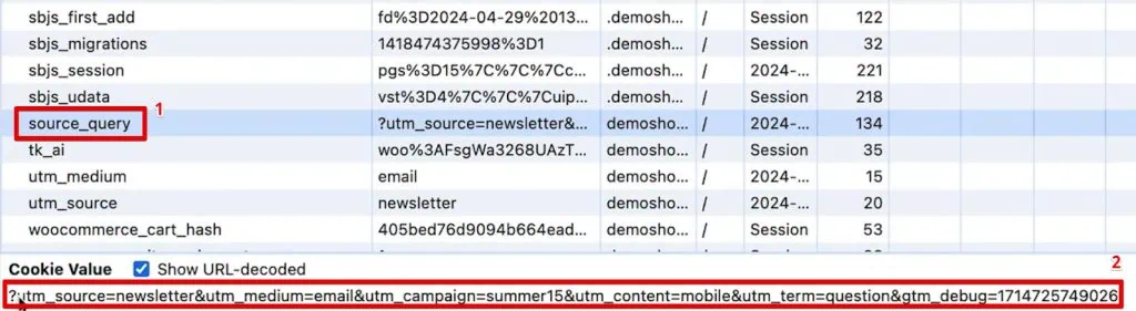 Source_query cookie value containing the query string