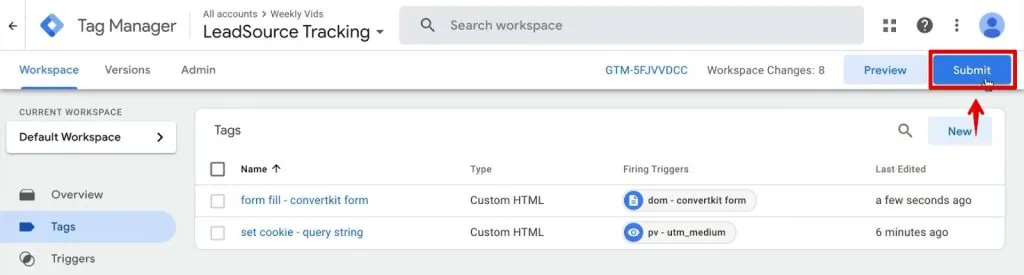 Submitting a version of the GTM container