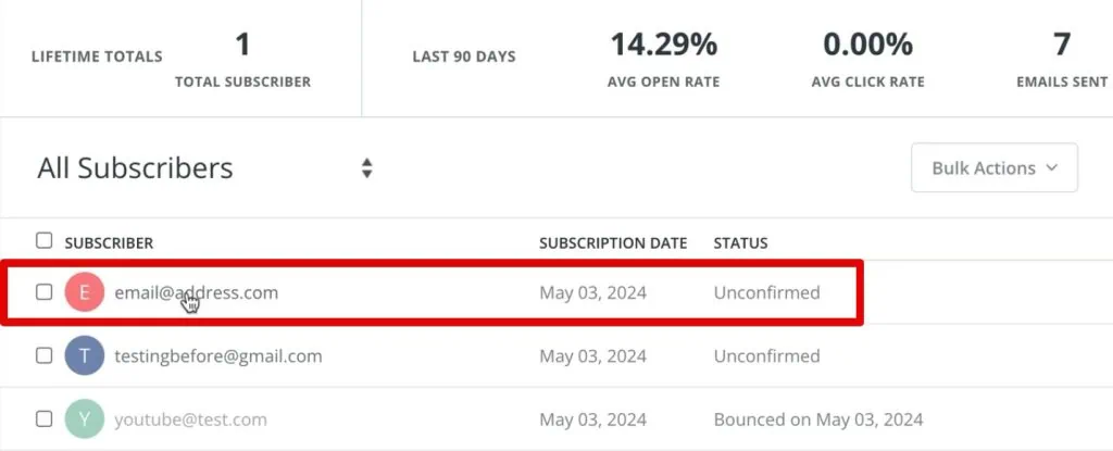 Test email address at the subscriber list in ConvertKit