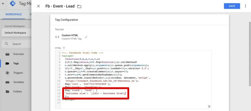 Adding the business size attribute to the Facebook lead event tag