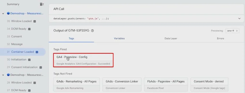 Analyzing fired Tags from the container loaded section of the GTM preview window