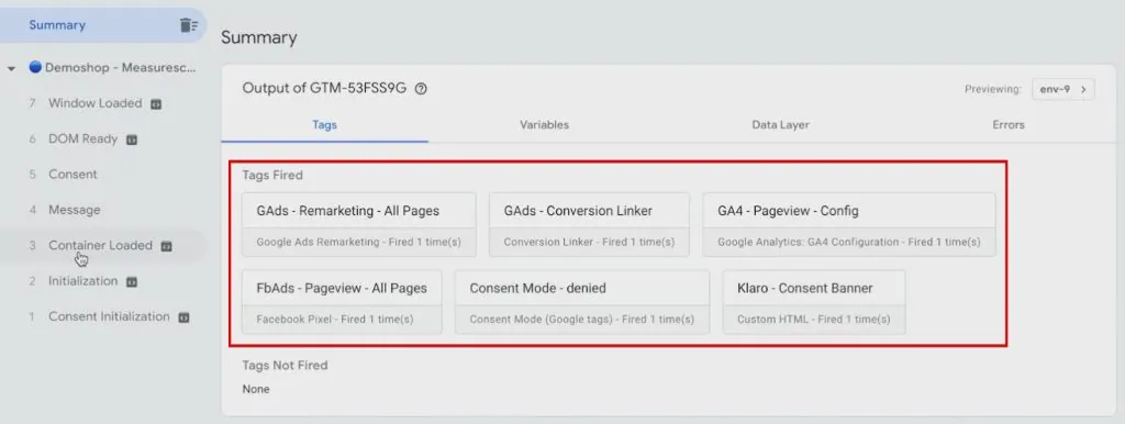 Analyzing the fired Tags from the Container loaded section of the GTM preview window