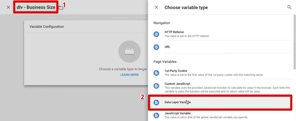 Creating a data layer variable for the business size