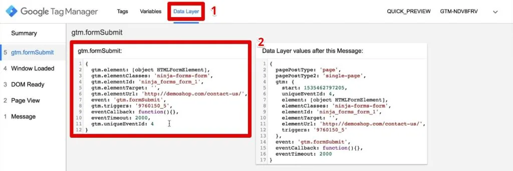 Data Layer from the GTM form submit event