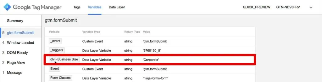 Data layer variable in the Tag Assistant