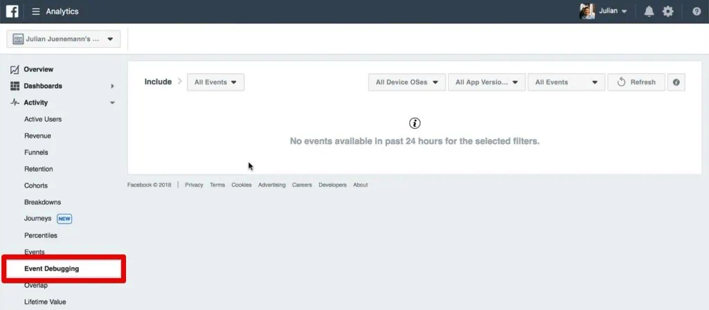Event debugging in Facebook Analytics