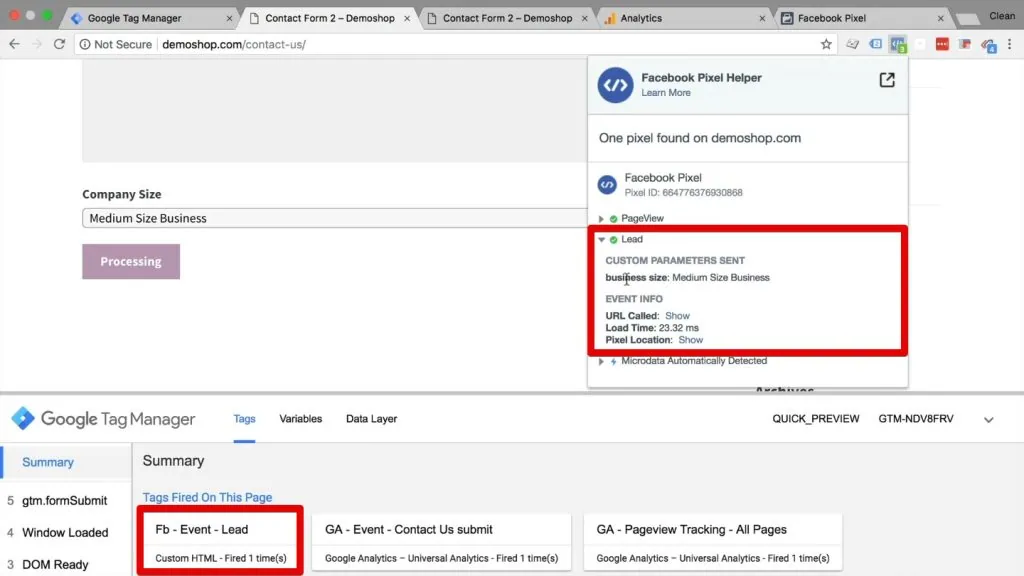 Facebook lead event in the Facebook Pixel Helper extension