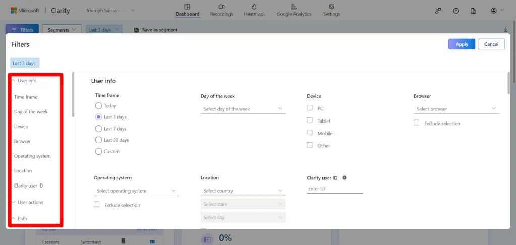 Filter options in Microsoft Clarity
