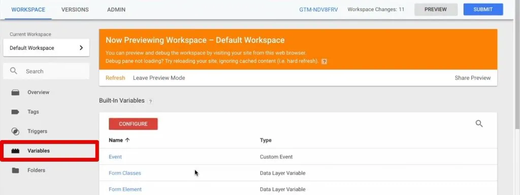 Going to the variables section in GTM