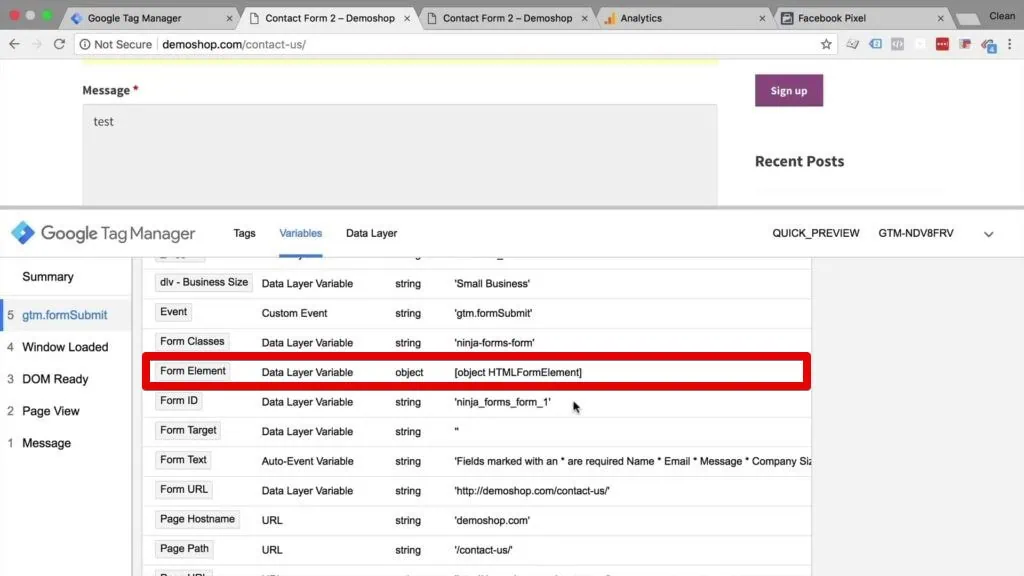 Inspect the form trigger variables in the data layer