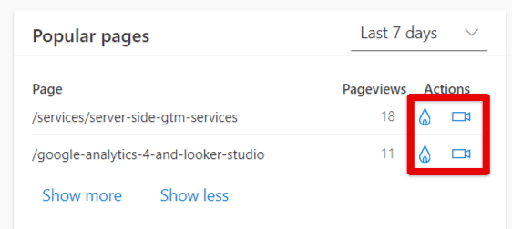 Popular pages card in the Clarity dashboard