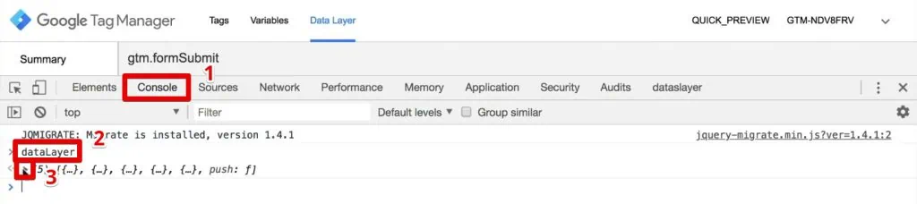 Viewing the data layer in the console tab of the developer tools