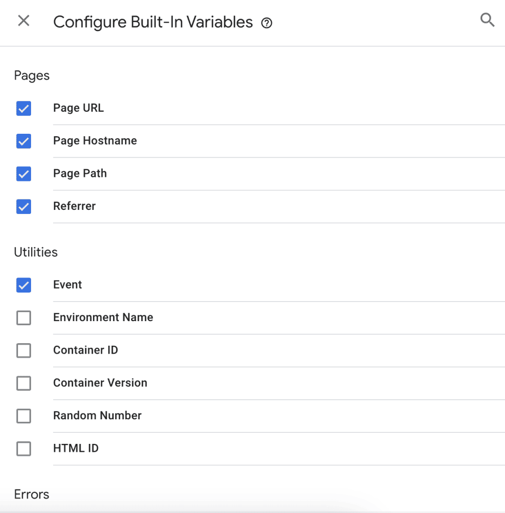 Configure Built-In Variables interface in GTM