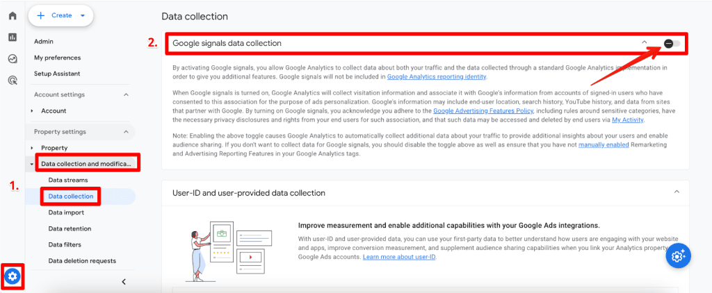 GA4 admin section to enable Google signals