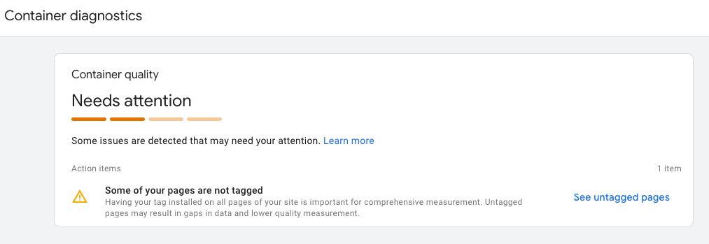 Container quality issue screen with details in GTM