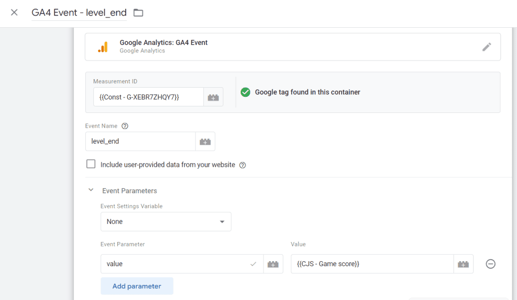 GTM gaming GA4 event configuration