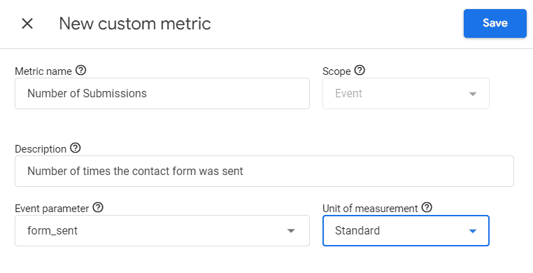 Number of forms sent custom metric in GA4