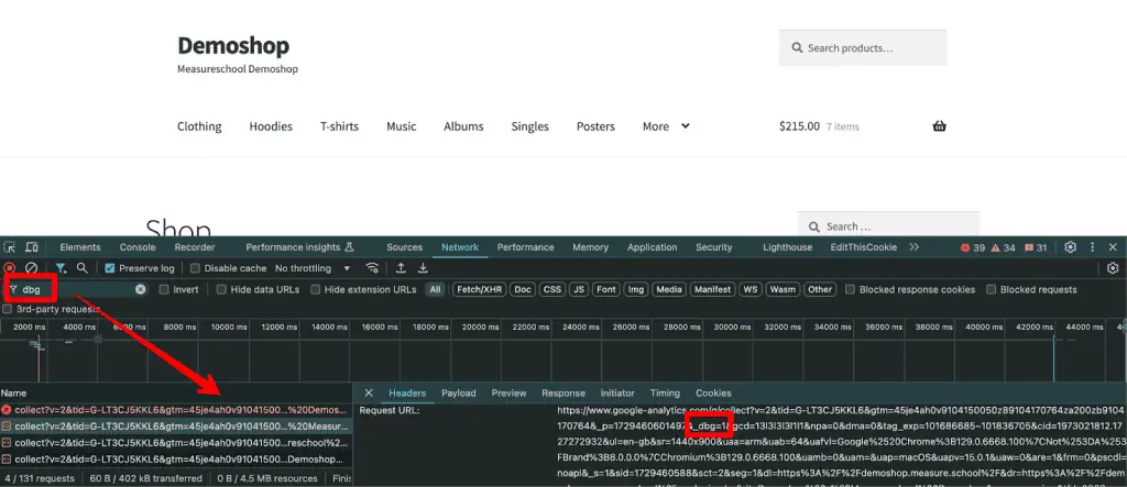 Network tab in developer tools to check dbg parameter
