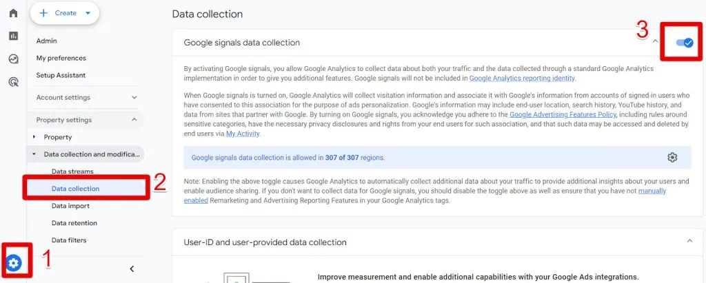 Turning on Google signals in the Admin section