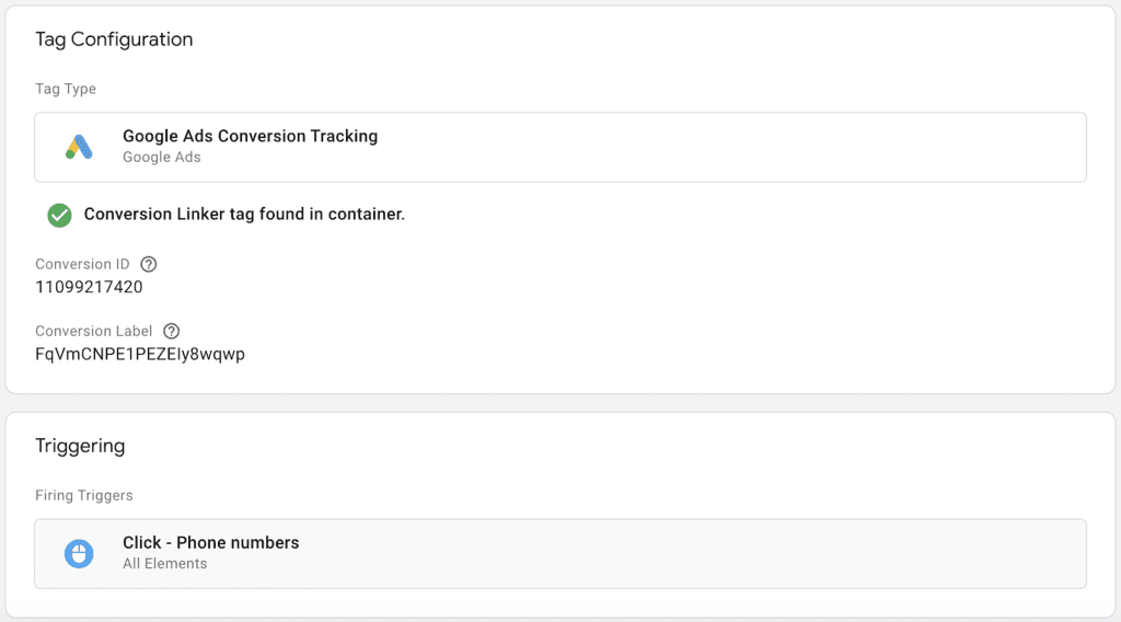 Clicks on a number on your mobile website conversion tag configuration
