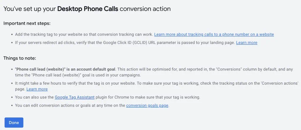 Conversion action next steps and notes in Google Ads