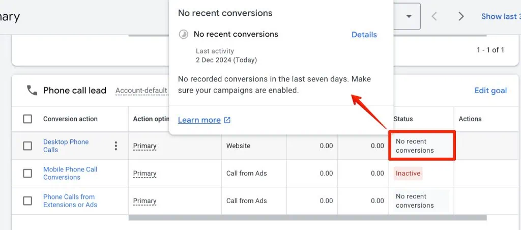 Conversions in Google Ads with status