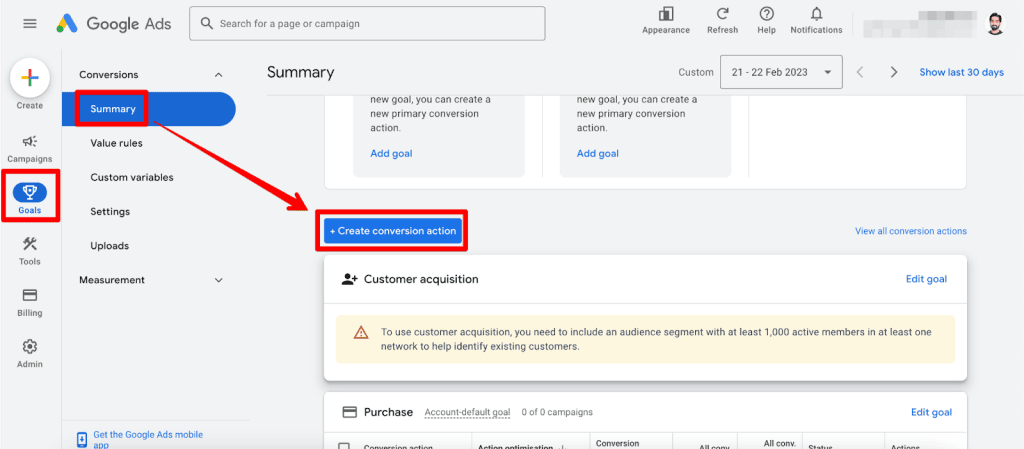 Create conversion action in Google Ads