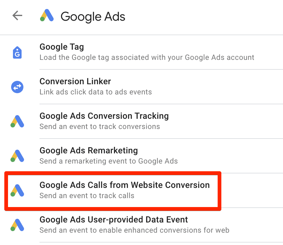 Google Ads Calls from Website Conversion tag type