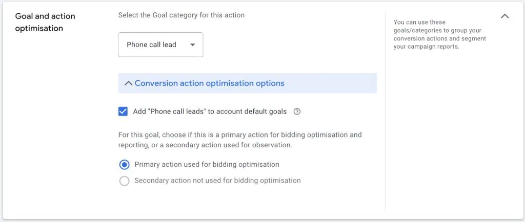 Google Ads Goal category