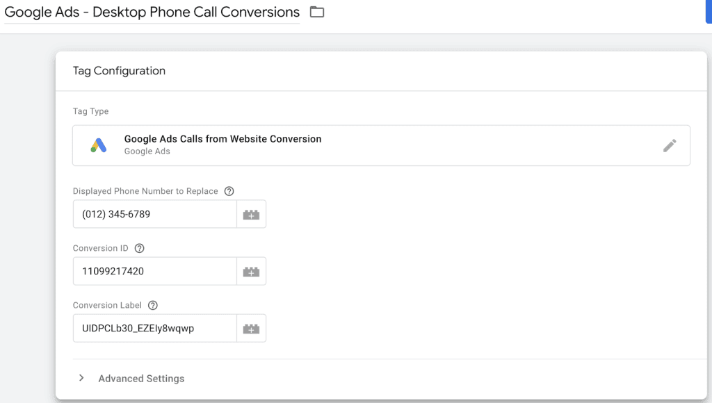Google Ads calls from website conversion in GTM