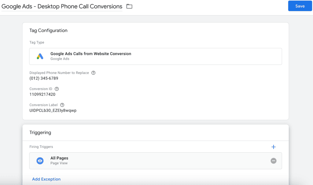 Google Ads calls from website conversion tag configuration