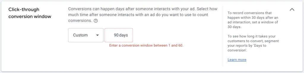 Google Ads conversion click-through window