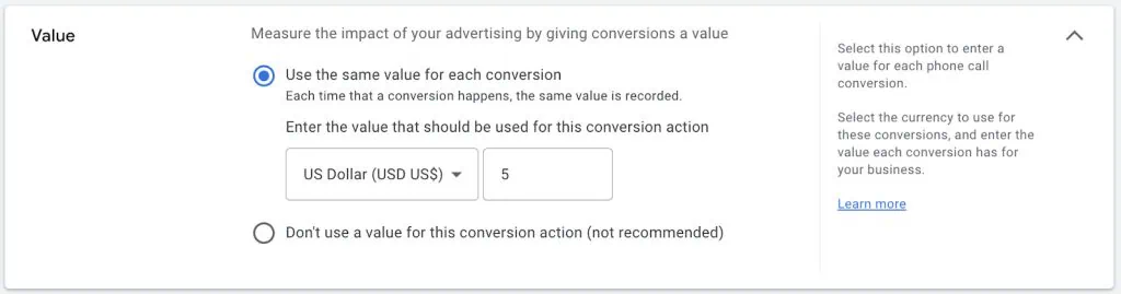 Google Ads conversion value