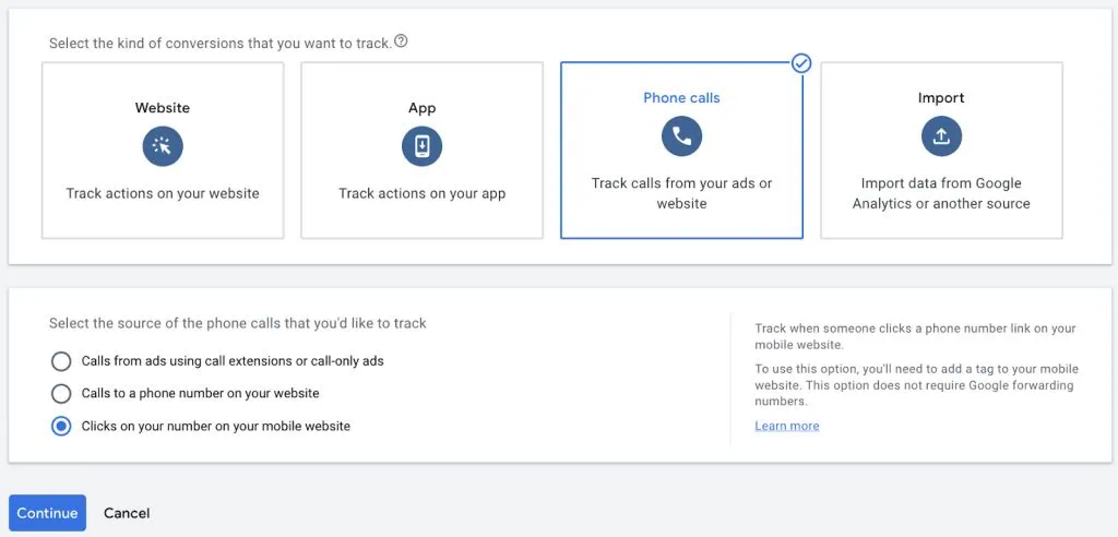 Google Ads phone call conversions for mobile website