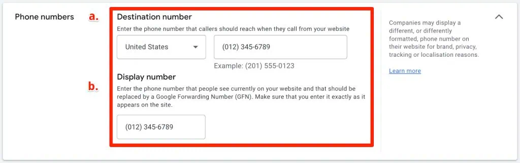 Google Ads phone numbers for phone call conversions