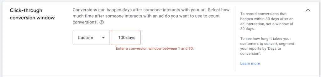 Mobile phone calls click-through conversion window