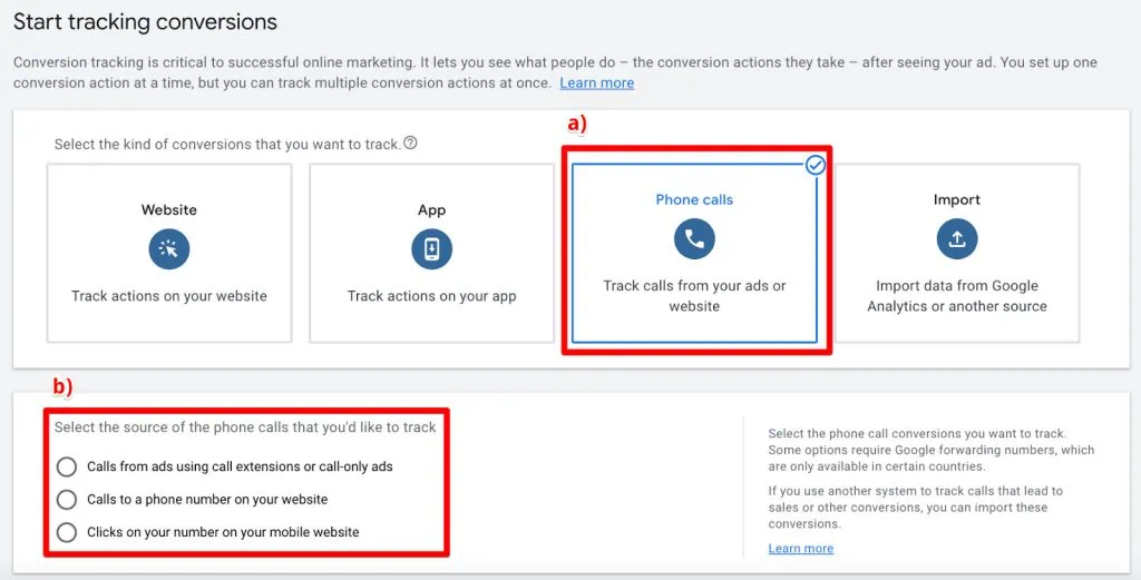 Phone calls as type of conversion and source of phone calls in Google Ads